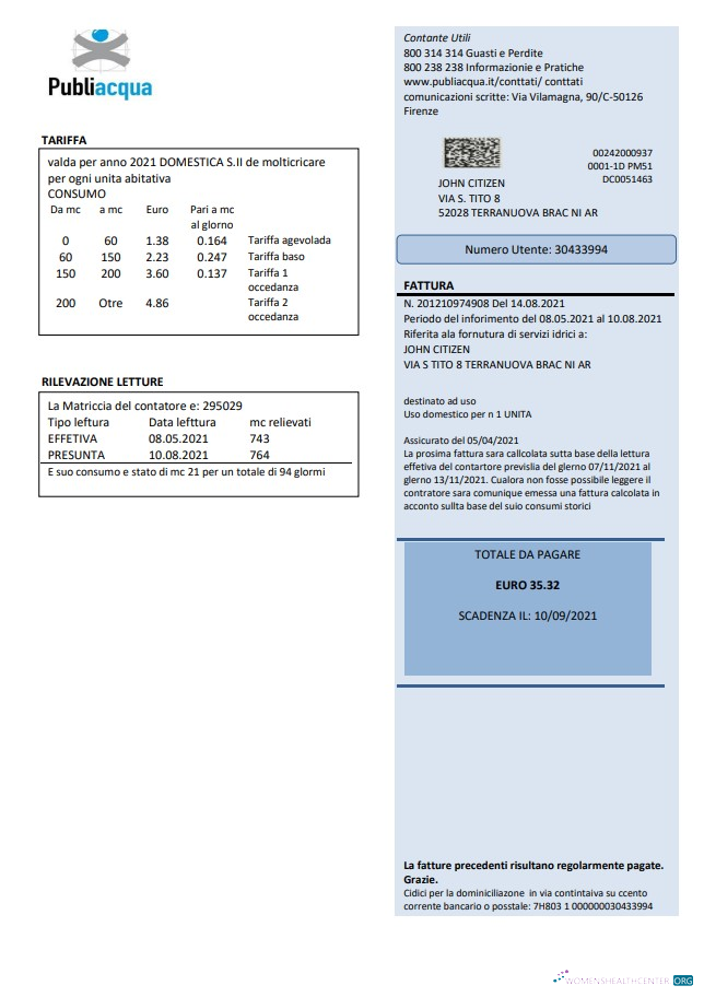 download download Italy Publiacqua utility bill template in Word and PDF format PDF template PDF template